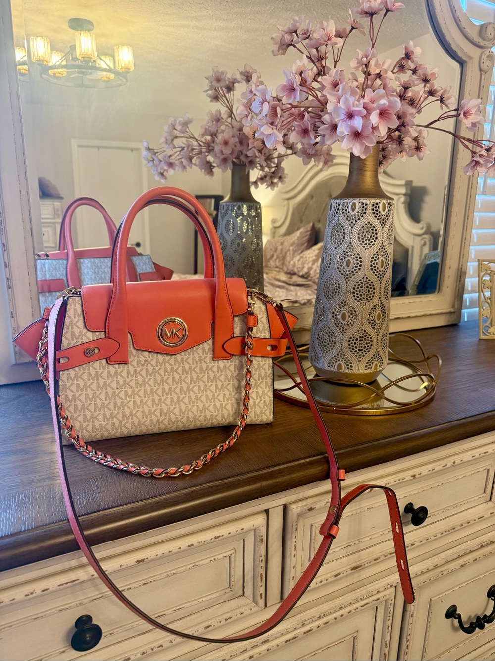 Michael Kors Coral & Beige Signature Satchel with Chain-Trim Strap + Crossbody